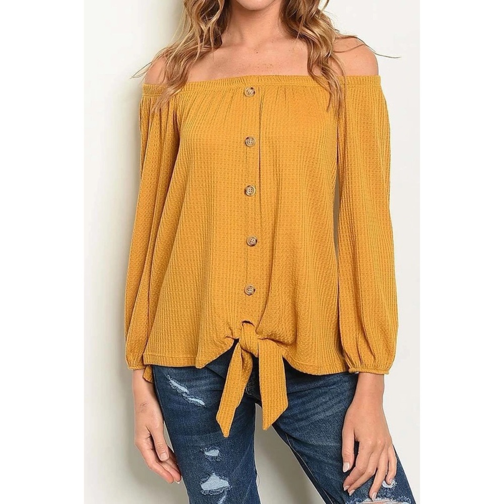 Mustard Off The Shoulder Top W Tie Button Detail